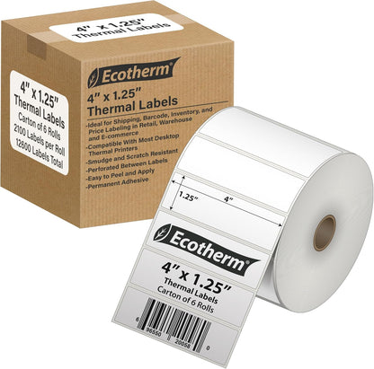 4" x 1.25" Thermal Labels | 6 Rolls | 12600 Labels | fits Zebra, Munbyn, Rollo, Godex, Arkscan, iDPRT, Offnova Thermal Label Printers and More | Blank White Adhesive Stickers by Ecotherm