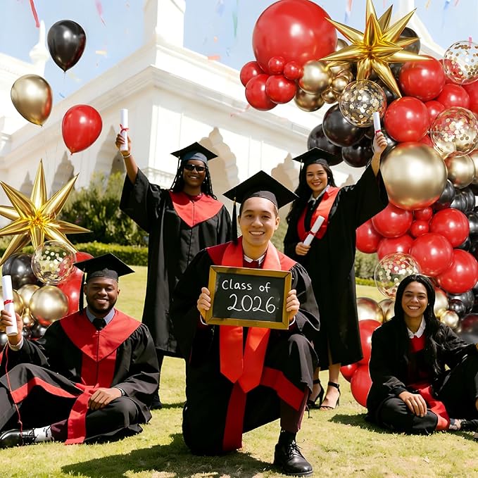 Black Red Gold Balloon Arch Kit, 2026 Graduation Decorations, 130Pcs Black Red Gold Balloons with Foil Star Balloons Confetti Balloons for College High School Graduation Decorations Class of 2026
