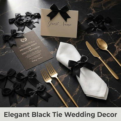 Black Gift Wrap Bows – 100 Pcs 3.3 Inch Elegant Satin Ribbon Bows for Men's Gifts & Black Tie Wedding – Halloween Decor, Formal Events, Gift Wrapping, Party Decorations (Includes 50 Adhesive)