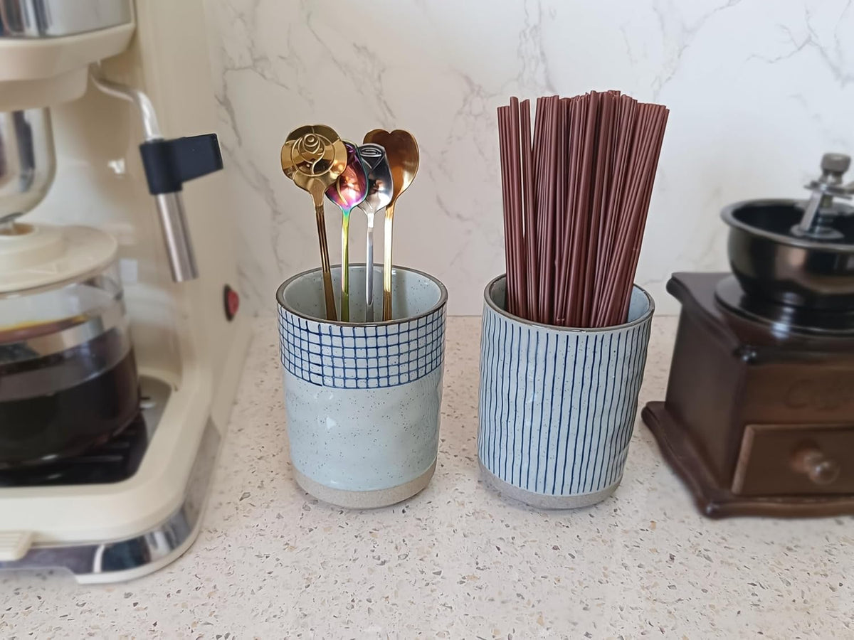 Stoneware Coffee Bar Utensil Holder Tea & Coffee Spoon & Stirrer Holder for Stir Stick Straw Teaspoon Holder Spoon Cup Small Utensil Jar (Blue