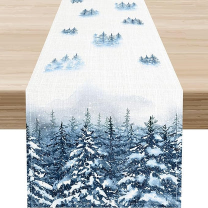 Forest Table Runner, Rustic Farmhouse Mountains Birds Pine Tree Woodland Jungle Cottage Country Coffee Table Center Decor for Home Kitchen Dining Patio Holiday Party Table Decorations, 13"x90" Inch