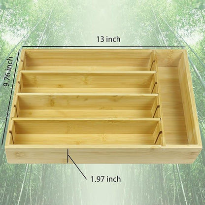 Silverware Organizer Kitchen Bamboo Drawer Organizer - 5 Slots Total Utensil Organizer for Flatware, Cutlery & Knives. Ideal Utensil Drawer Organizer for Kitchen, Natural