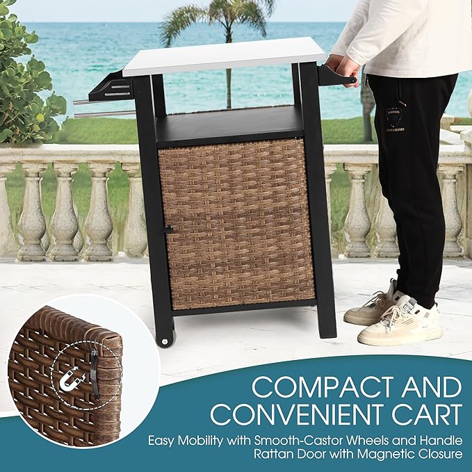Grill Cart Outdoor with Wheels, Outdoor Prep Table with Wicker Storage and Rolling Wheels, Samll Kitchen Island Serving Cart with Stainless Steel Table Top for BBQ, Porch, Patio, Brown
