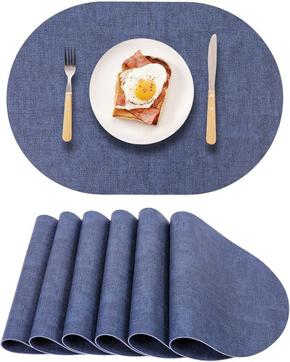 Reversible Placemats Set of 6 Oval,Navy Blue Faux Leather Placemat Waterproof Non Slip,Heat Resistant Wipeable Table Placemats for Dining Table,Modern Table Protectors