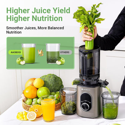 AAOBOSI Cold Press Juicer, 4.35" Large Feed Chute Masticating Juicer Machines (Upgrade) High Juice Yield Slow Juice Extractor fit Fruits &Vegetables, Easy to Clean, New Designed for Home and Travel