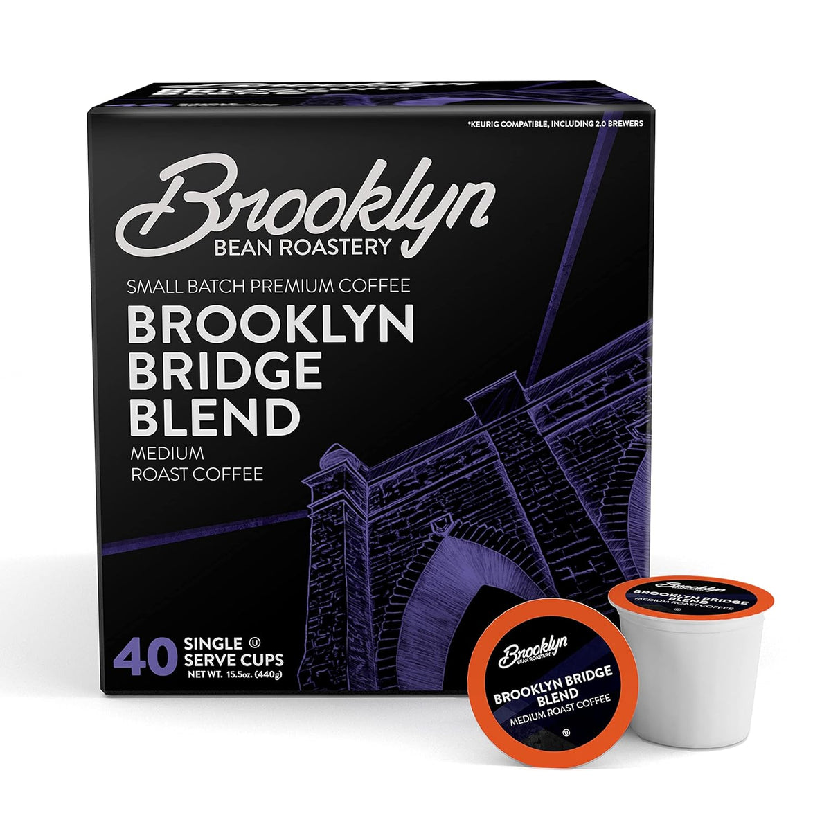 Brooklyn Beans Brooklyn Bridge Blend Gourmet Coffee - Compatible with Keurig 2.0 K Cup Brewers, 40 Count, Rich and Bold Medium Roast