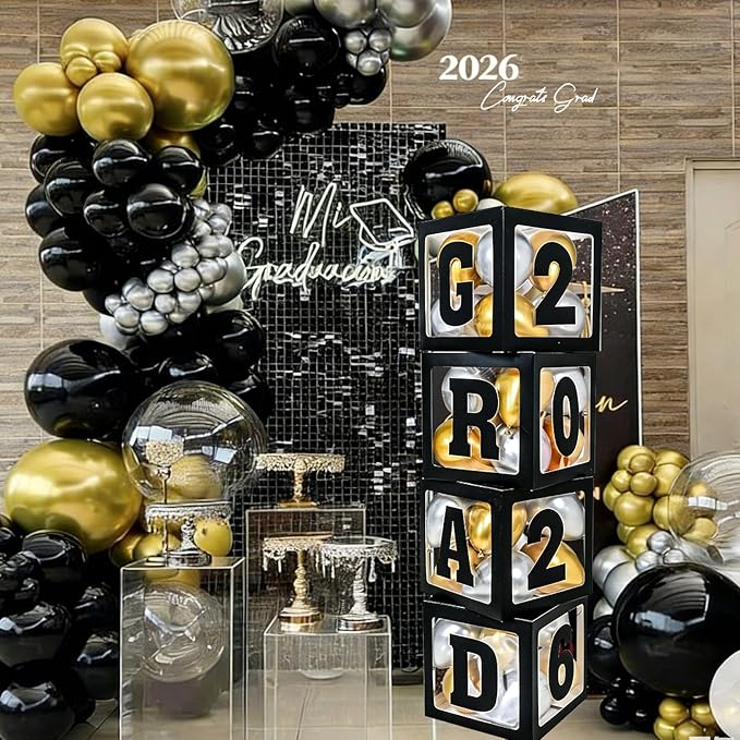 2026 Graduation Decorations - 4Pcs Black Balloon Boxes with Letters 2026&Grad for Preschool Kindergarten Middle High School College Graduation Party Decorations Class of 2026