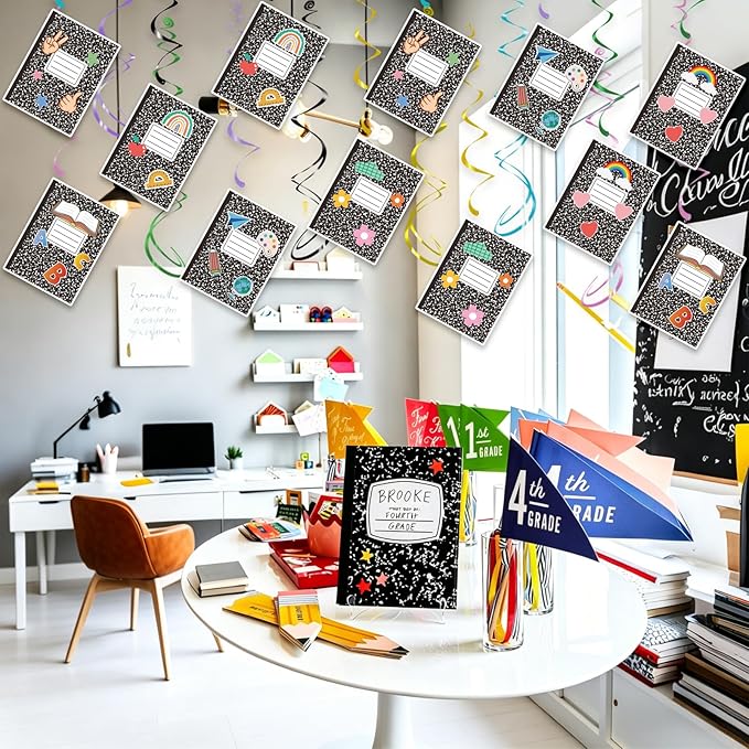 Composition Notebook Hanging Swirls - 30 Pcs Composition Notebook Decorations Ceiling Streamers for School Classrooms Back to School Party Decorations