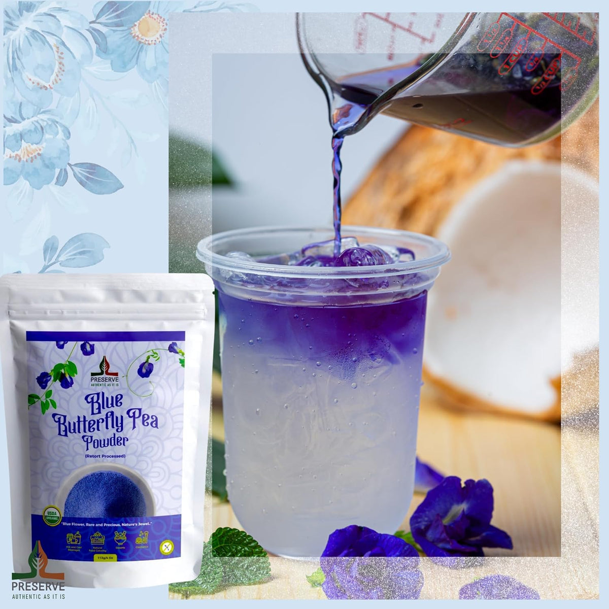 Pure Butterfly Pea Flower Powder, 100% Pure Natural Food Coloring, Non-GMO, Vegan, Retort Processed, Antioxidant-Rich, Blue Lotus Flower Powder