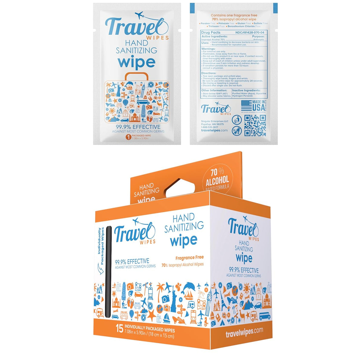 Hand Sanitizing Travel Wipes – 15ct Individually Wrapped | Fragrance-Free, Moisturizing, 70% Isopropyl Alcohol Wipes | Travel, Home, Office, Daily Use | Made in USA