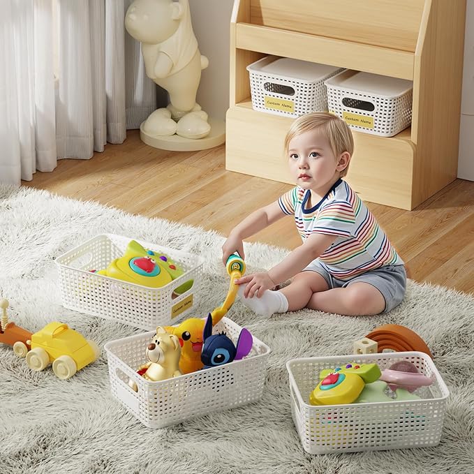 8 Pcs Plastic Storage Baskets with Lids, Stackable Storage Bins with Lids & Labels for Organizing, Small Storage Bins for shelves Office Drawer Cabinet & Pantry Nursery Organization,10.2*7.2*4.1In