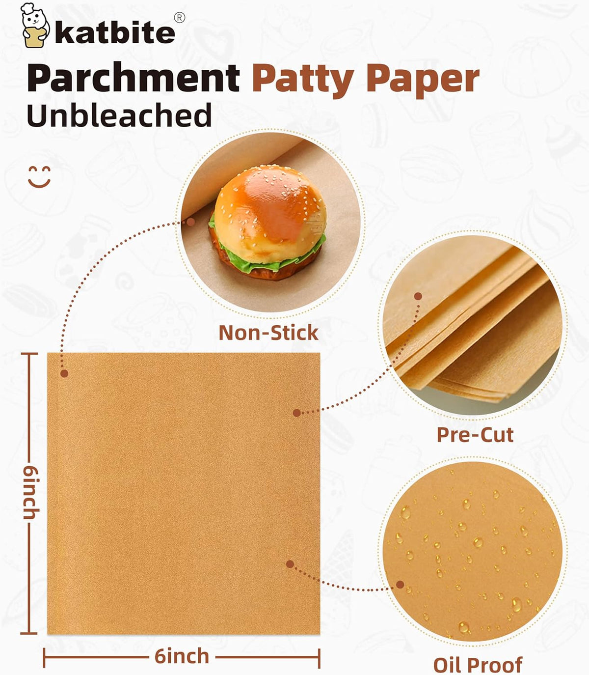 Katbite 300Pcs 6x6 Inches Patty Paper, Burger Patty Paper, Unbleached Parchment Sheets, Heavy Duty & Non-Stick, Squares for Seperating Patty, Cookies