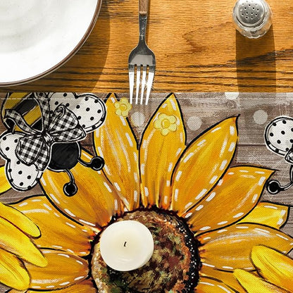 Artoid Mode Wood Sunflower Bee Flower Polka Dot Summer Table Runner, Seasonal Kitchen Dining Table Decoration for Home Party Decor 13x60 Inch