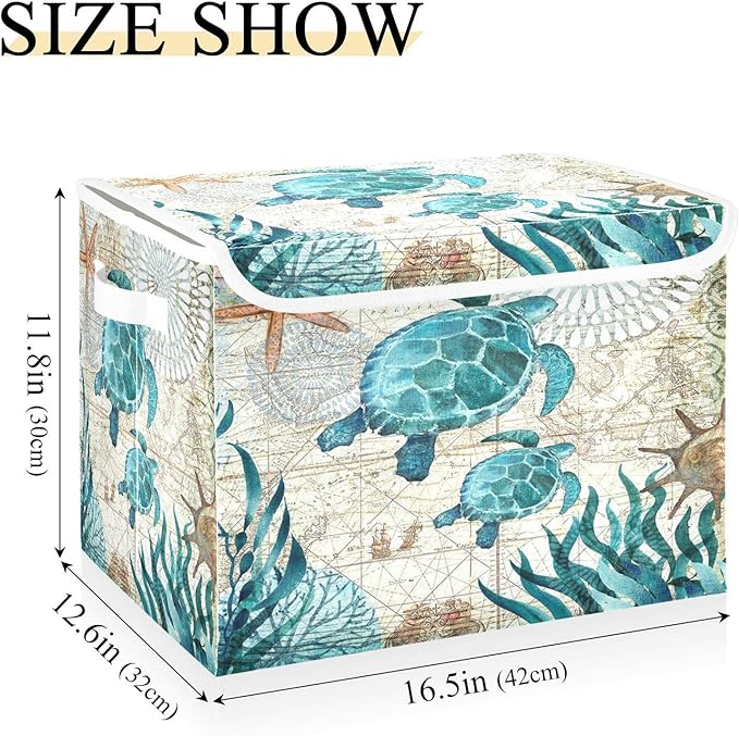 Large Collapsible Storage Bins with Lids, Vintage Ocean Sea Turtle Starfish Map Storage Baskets Organizer Containers with Handles for Nursery Clothes Toys