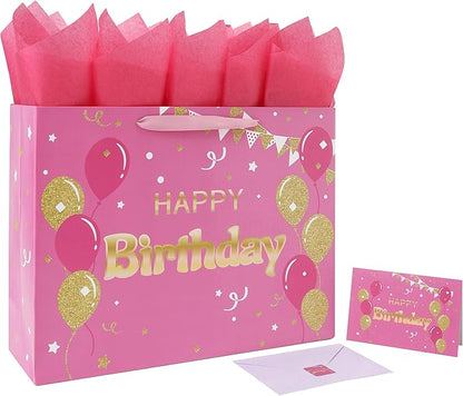Qirrmiy 16.5" Extra Large Pink Happy Birthday Gift Bag Set with Handles, Greeting Card, Tissue Papers and Stickers for Women Girls, Balloons Design, 1 Pcs
