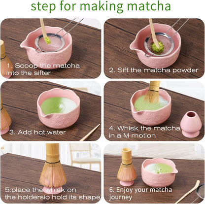 Matcha Whisk Set, Japanese Ceramic Matcha Bowl with Spout, Bamboo Whisk, Sifter, Scoop, Holder, Tea Cloth, 7-Piece Ceremonial Matcha Kit