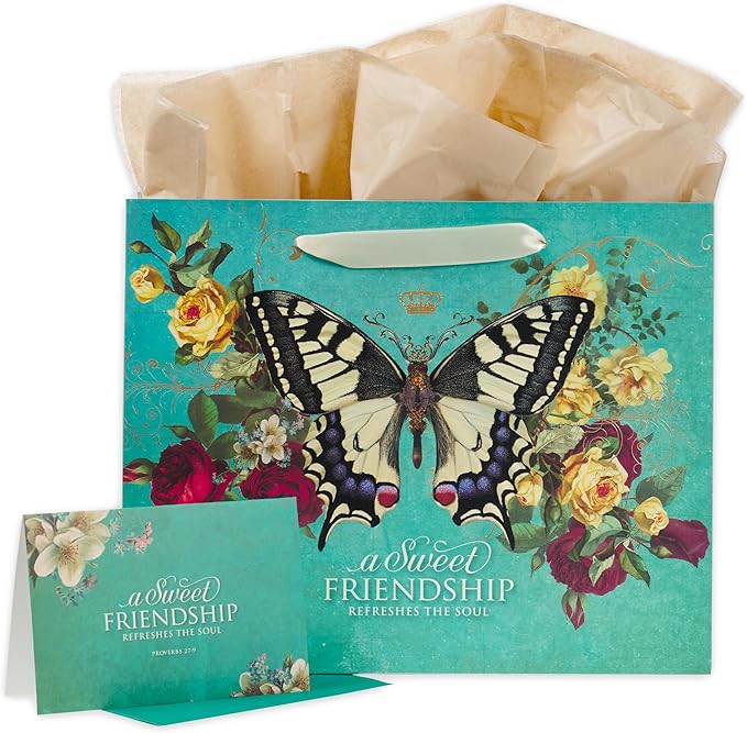 Christian Art Gifts Large Landscape Scripture Gift Bag for Women & Friends w/Card & Tissue Paper Set: Sweet Friendship - Prov. 27:9 Inspirational Bible Verse, Butterfly Multicolor Floral, Teal & Gold