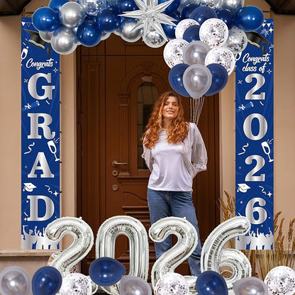 Graduation Decorations Class of 2026, Navy Blue and Silver Graduation Decorations, 2026 Graduation Party Decorations with Congrats GRAD 2026 Banner Tablecover Balloons for College High School Nursing