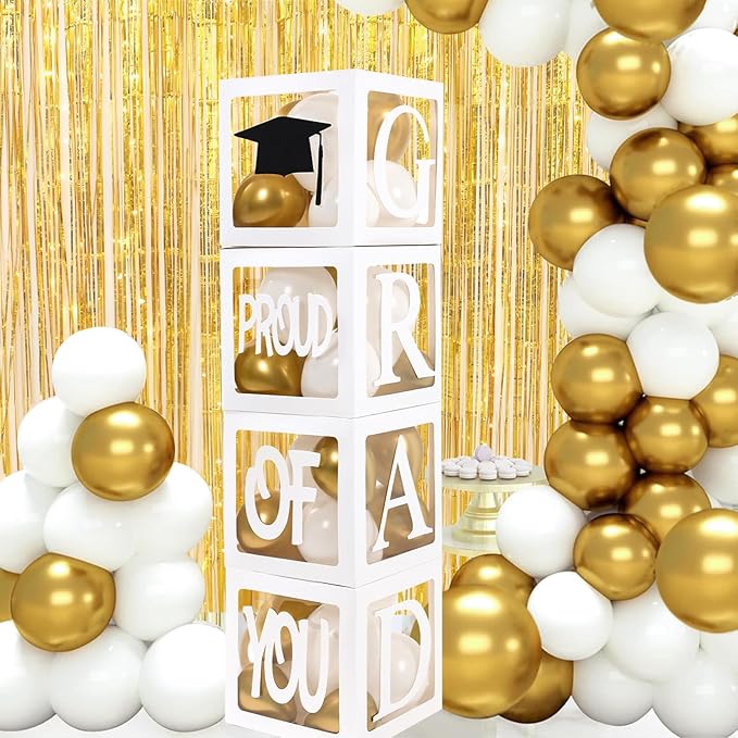 Graduation Decorations 2026,4 Pcs Transparent Balloon Boxes with Letters of GRAD,PROUD OF YOU,Class of 2026 and 130pcs White Gold Balloons Arch for High School College 2026 Grad Party Supplies