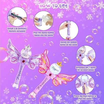 2 Pack Bubble Wands for Kids,Outdoor Party Birthday Bubble Toy for Toddlers,Light Up & Music Bubble Machine,Bubble Maker & Bubble Blower,Gift for Girls Age 3 4 5 6 Years Old.(Pink+Purple)