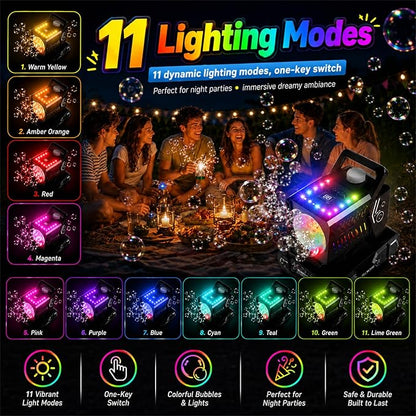 Bubble Machine Remote Control 98ft Range,Auto Rotation & 11 RGB Lights, 1800mAh Rechargeable Battery/USB-C Charging,Top-Fill Portable Bubble Maker for Kids Birthday Party Wedding Pool Outdoor