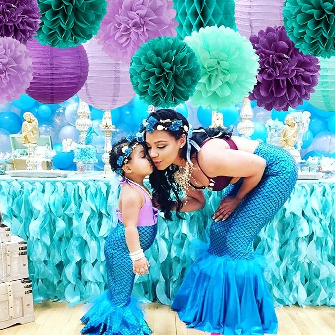 Teal-Purple Party-Decorations Paper Flowers Lanterns - 15PCS Lavender Girl Mermaid-Birthday Tissue Pom Poms Streamers,Baby Bridal Shower Wedding Classroom Hanging Supplies Decor Hugfond