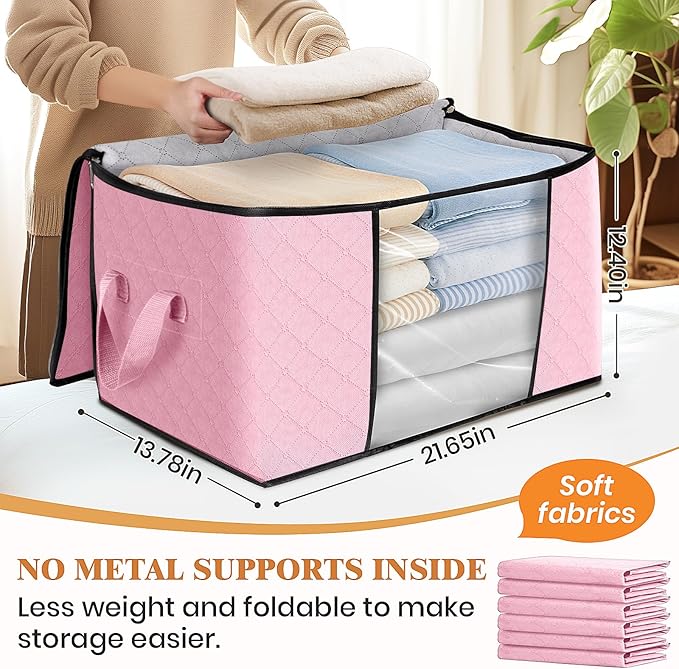 Fab totes 8 Pack Clothes Storage, Foldable Thick Fabric Blanket Storage Bags, Containers for Organizing Bedroom, Closet, Clothing, Comforter, Organization with Handle,Pink