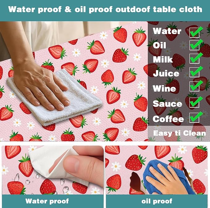 Strawberry Picnic Table Cover with Bench Covers and Bag, Camping Essentials, Berry Waterproof Windproof, Fitted Tablecloth Cover with Elastic Edge for Outdoor Garden 3 PCS 30x96 Inch