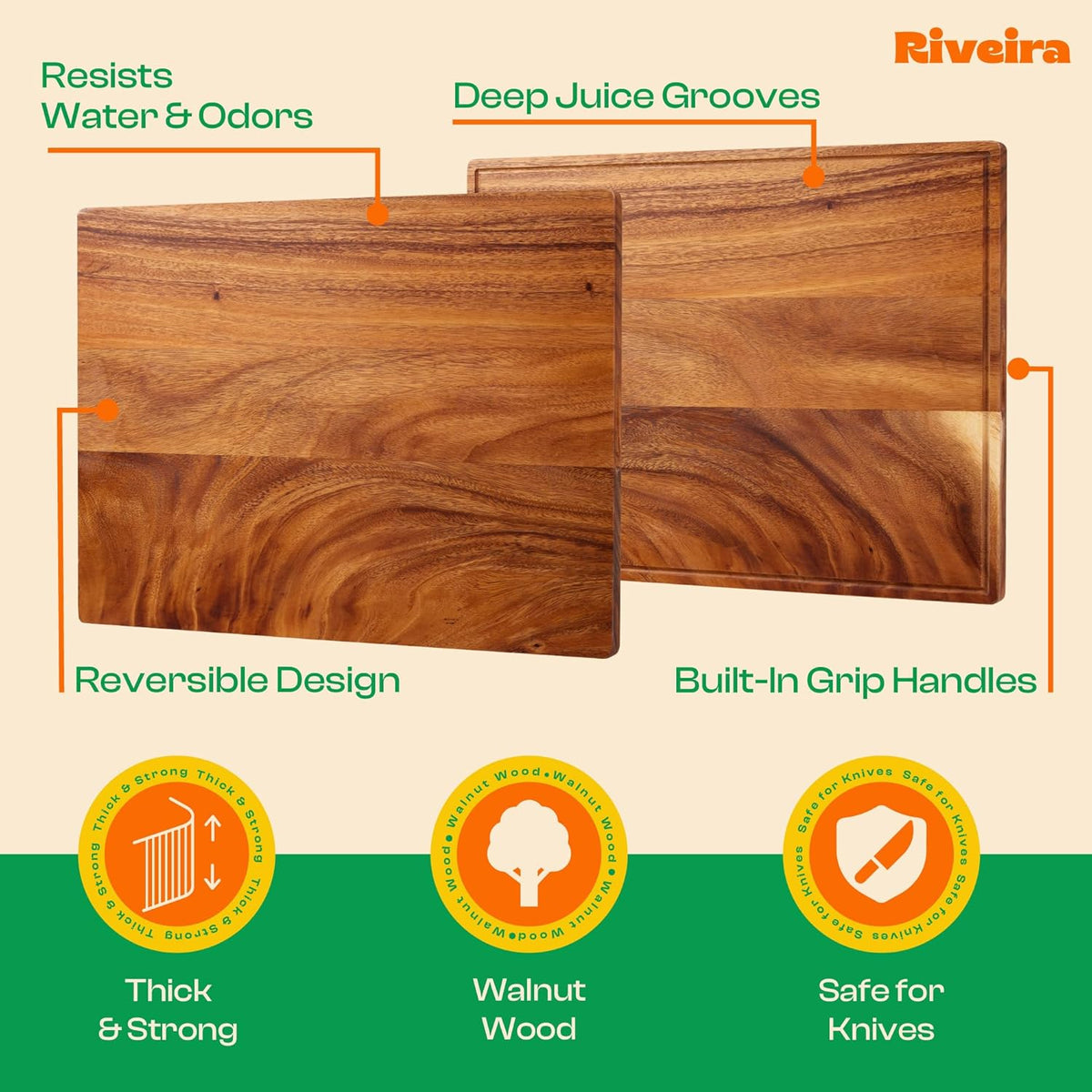 Riveira Walnut Cutting Board Set – Versatile And Durable: Set Of 3 Pcs Rectangular Wooden Cutting Board – Natural Wooden Cutting Boards For Kitchen