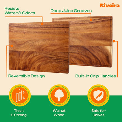 Riveira Walnut Cutting Board Set – Versatile And Durable: Set Of 3 Pcs Rectangular Wooden Cutting Board – Natural Wooden Cutting Boards For Kitchen