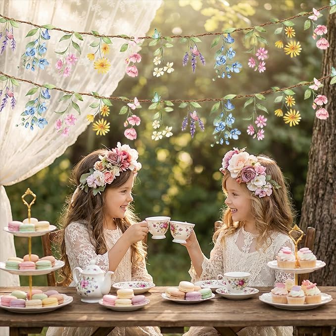 2 Pcs Wildflower Garland, Wildflower Party Decorations Reusable Garden Flower Banner for Baby Shower Birthday Spring Fresh Off the Market Bridal Shower Girl Party