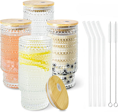4 Pcs 11 oz Drinking Glasses Cups Set with Bamboo Lids Straws Brush Small Drinking Glassware Set for Juice Iced Coffee Cocktail Whiskey(Hobnail*4)