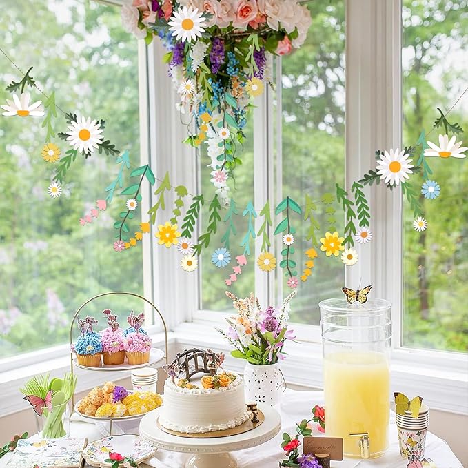 Daisy Flower Banner Wildflower Party Decorations Leaves Banner Paper Flower Garland Daisy Groovy for Wall Decoration Spring Baby Shower Wedding Backdrop Decorations