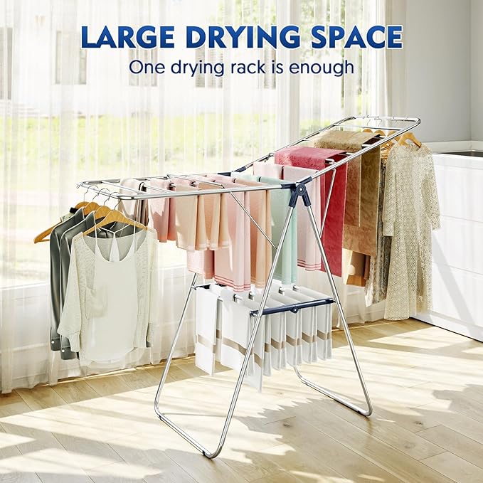 APEXCHASER Clothes Drying Rack, Stainless Steel Drying Rack Clothing with Height-Adjustable, Foldable Gullwings Laundry Drying Rack, Indoor Outdoor Use, No Assembly