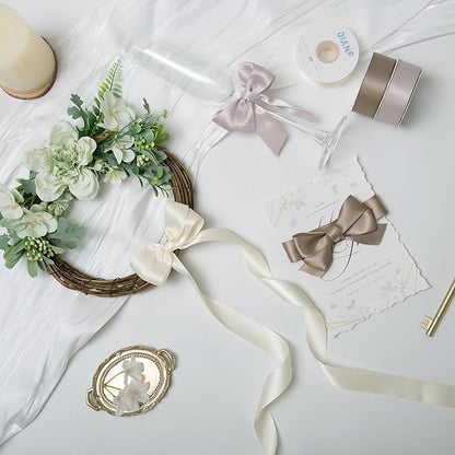 QIANF Champagne Double Face Satin Ribbon 1 Inch x 45 Yards Ivory Fabric Ribbon for Gift Wrapping, Flower Bouquets, Hair Bows Making, Wedding Decoration, Invitation Cards, Christmas (3 Rolls *15Yd)