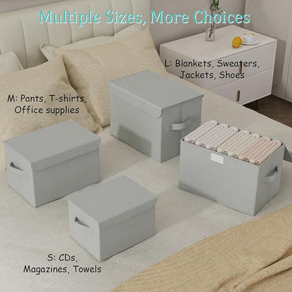 Storage Bins with Lids for Organizing, Closet Boxes with 2 Carrying Handles and Sturdy Heavy Cardboard, Home Organizers Cubes, 4 Pack, Grey, 15 x 9.8 x 9.8 In, XSNY12GL-4