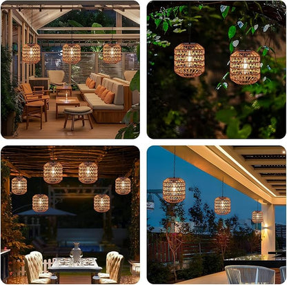 Livinlarge Solar Pendant Light Outdoor,Chandelier Hanging Lantern with Edison Bulb,Boho Solar Powered Lamps IP44 Waterproof for Gazebo Tree Porch Yard Porch Patio Garden Backyard Decorative