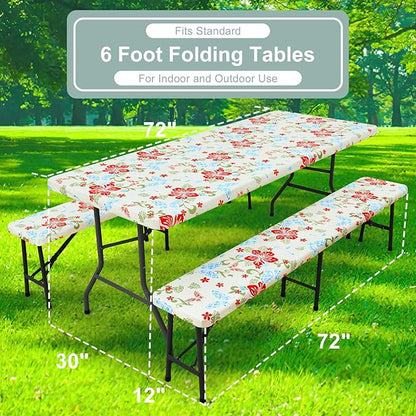misaya Picnic Table Cover with Bench Cover, Waterproof Elastic Fitted Tablecloth for 6 Foot Tables, Rectangle Washable Polyester Fabric Tablecloths for Picnic, Camping, Outdoor (Butterfly, 30" x 72")