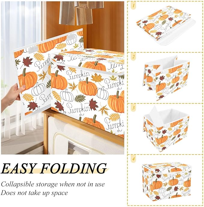 Large Collapsible Storage Bins with Lids, Pumpkin Leaf Fall Autumn Storage Baskets Organizer Containers with Handles for Clothes