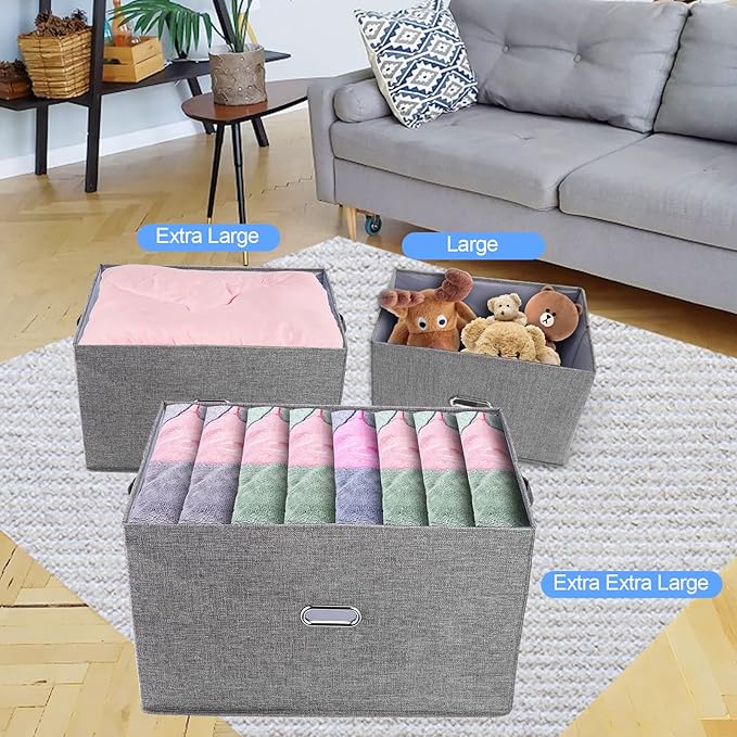 Large Linen Fabric Foldable Storage Bins with Removable Lid and Handles, Washable Storage Box Organizer Containers Baskets Cube with Cover for Bedroom,Closet,Nursery (Grey, XXL(2-Pack))