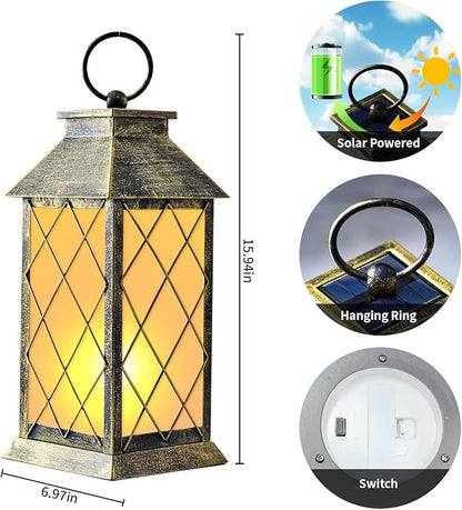 18" Solar Lantern with Flickering Flame Light, Large Outdoor Waterproof Solar Lanterns Hanging Metal Decorative Lantern for Patio Front Porch Garden Yard Outside Tabletop Mothers Day Gifts Grandma
