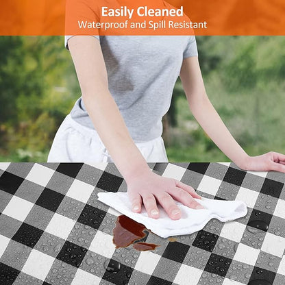 8ft Picnic Table and Bench Cover, Camping Essentials RV Gear, 96 in Waterproof Windproof Outdoor Elastic All Around Tablecloth, Fitted Rectangle Tables and Seats, Black-White Checkered