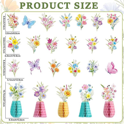 14PCS Spring Wildflower Party Decorations Wild Flower Garland Floral Banners Hanging Swirls Flower Honeycomb Centerpieces for Easter Baby Shower Wedding Garden Birthday Butterfly Party Decor Supplies