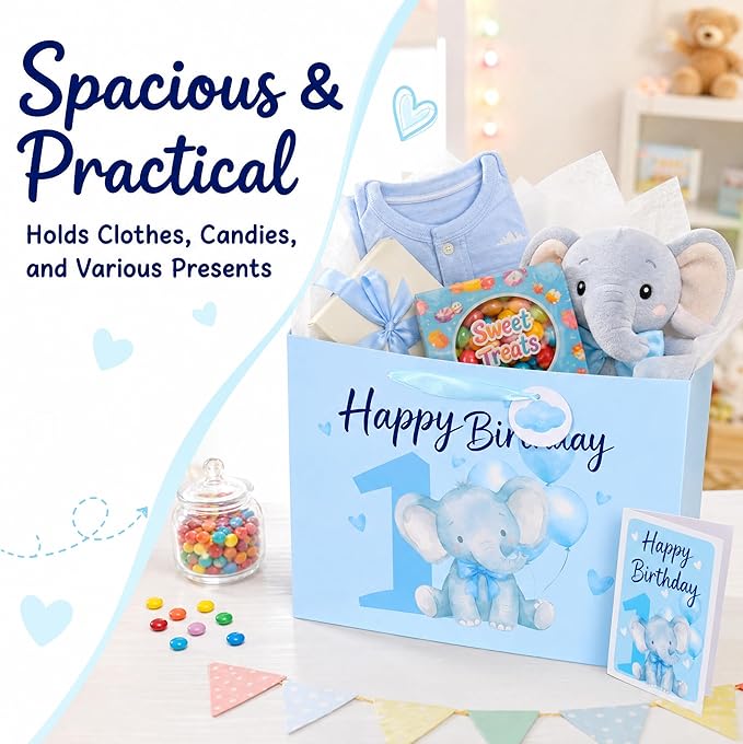 Powbrace 13" Blue Happy Birthday Gift Bag with Tissue Paper and Greeting Card for Party,Happy Birthday Gift Bag for Boys Babies,Gift Bags Medium size(1 PCS Blue Cartoon)