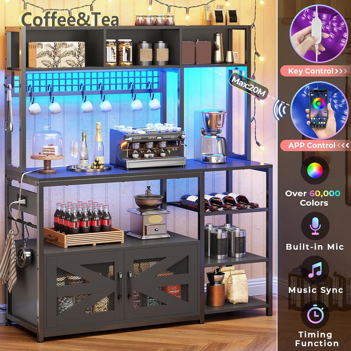 Itaar 47.2 Inch Bakers Rack with Power Outlet, Microwave Stand with Storage, Farmhouse Coffee Bar Cabinet Station with Wine Rack