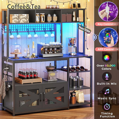 Itaar 47.2 Inch Bakers Rack with Power Outlet, Microwave Stand with Storage, Farmhouse Coffee Bar Cabinet Station with Wine Rack