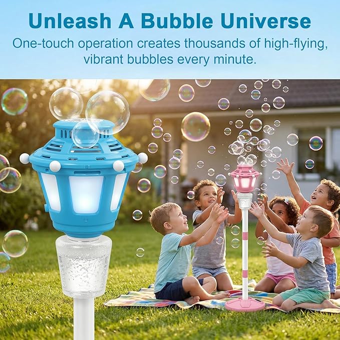 Bubble Machine Maker with Light and Music, Automatic Bubble Blower Summer Bubbles Toys, Rechargeable Automatic Bubble Machine Adjustable Height Outdoor Toy