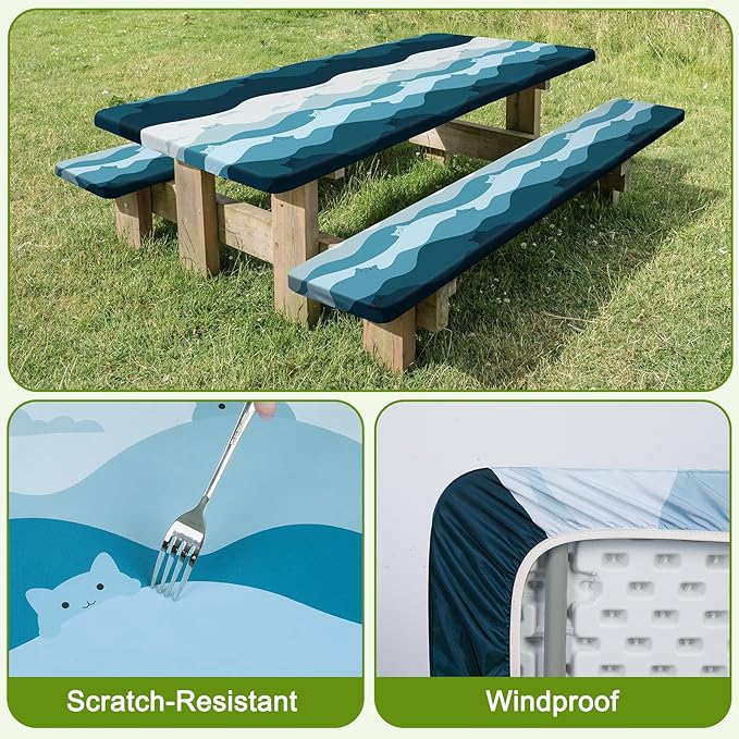 Picnic Table Cover with Bench Covers Windproof Waterproof Picnic Table Covers Camping Tablecloth with Self-Storage Bag, 72in, Blue Cat