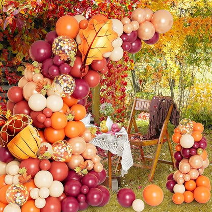 DBKL 138pcs Fall Balloon Garland Arch Kit with Orange Dusty Pink Wine Red Rose Gold Confetti Balloons Maple Leaf Pine Cones Foil Balloons for Thanksgiving Autumn Fall Birthday Shower Party Decorations
