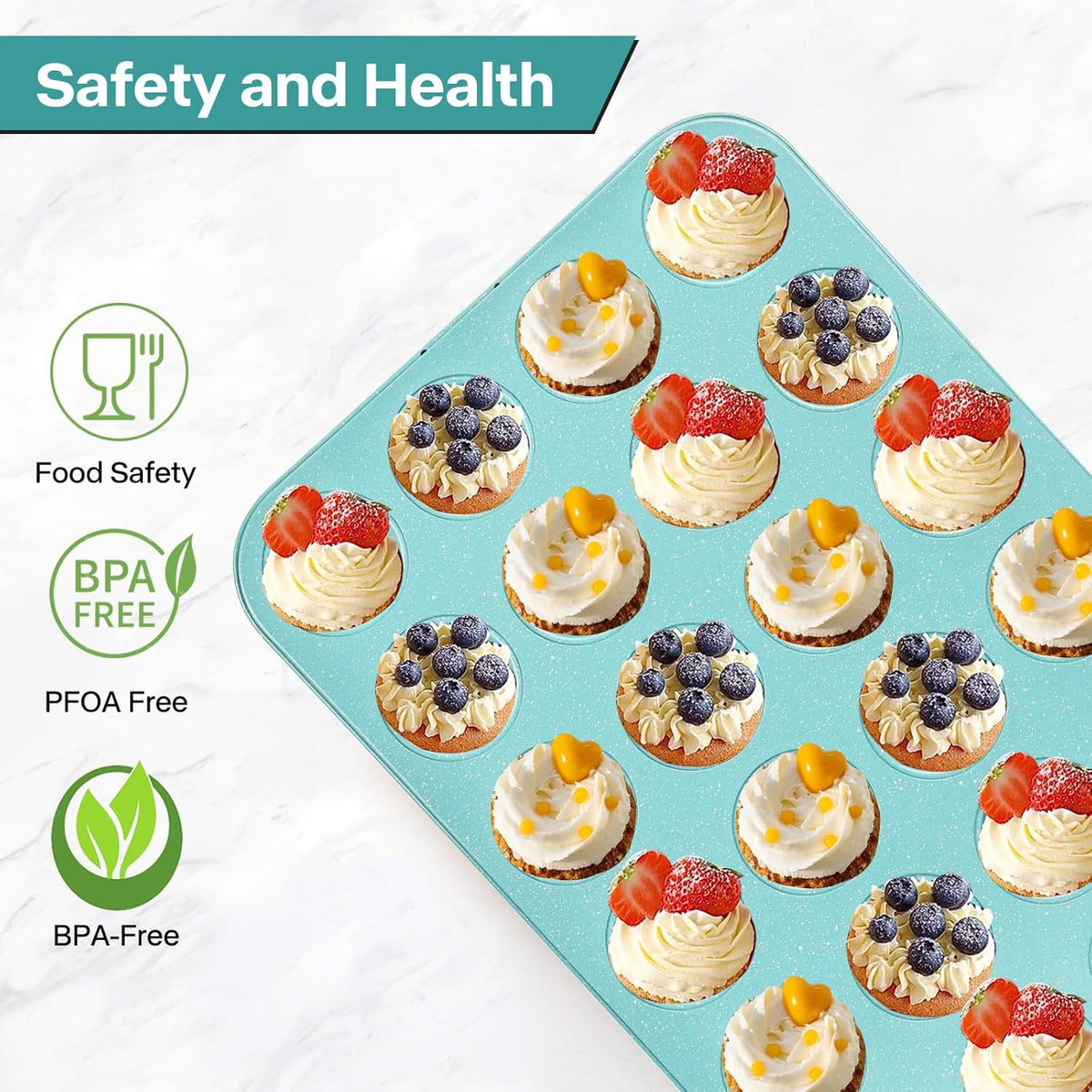 2-Pack Light Blue 24-Cup Ceramic Mini Muffin Pan – Non-Stick Muffin Tin, PFOA-Free, Healthy Baking, Perfect for Cupcakes